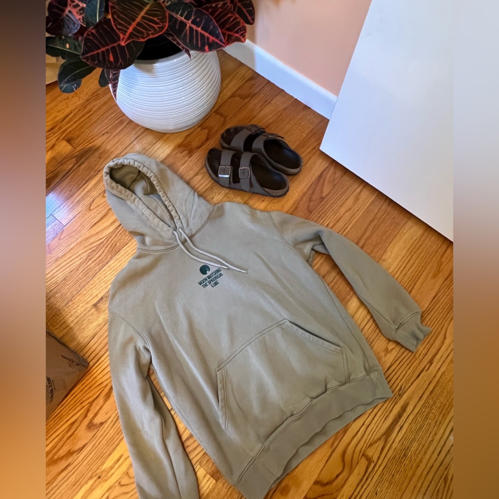 H&M men’s oversized relaxed fit hoodie; beige, “Moon Watching”